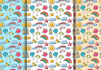 Wall Mural - A set of summer season seamless patterns. Cute cartoon repeating colorful background. vector illustration.