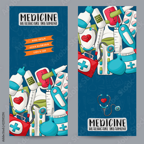 Medicine And Healthcare Vertical Banner Set Cute Poster For