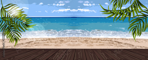Summer sea and palm leaves background Vector realistic. blur effect templates