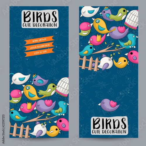 Cute Birds Vertical Banner Set Cute Poster For Invitation