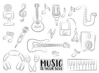 Wall Mural - Music art set of icons and objects. Hand drawn doodle cartoon style modern musical trends design concept. Black and white outline coloring page kids game. Monochrome doodle line art.