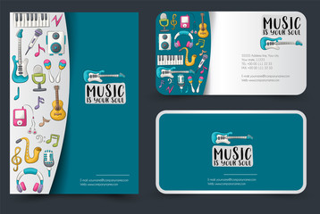 Wall Mural - Music art flyer and business cards set. Background for advertisement, invitation, brochure template. Hand drawn doodle cartoon style modern musical trends concept. Vector illustration.