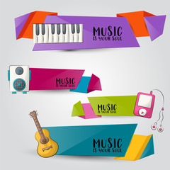 Wall Mural - Music art horizontal banner set. Cute header for invitation, advertisement, web page. Hand drawn  doodle cartoon style modern musical trendsdesign concept. Vector illustration.