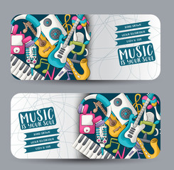 Wall Mural - Music art horizontal banner set. Cute header for invitation, advertisement, web page. Hand drawn  doodle cartoon style modern musical trendsdesign concept. Vector illustration.