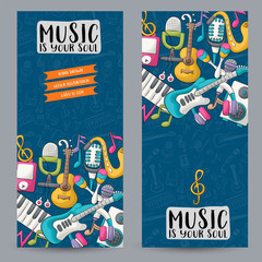 Wall Mural - Music art vertical banner set. Cute poster for invitation, advertisement, web page. Hand drawn doodle cartoon style modern musical trends design concept. Vector illustration.
