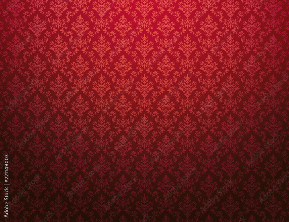 Red wallpaper with damask pattern - obrazy, fototapety, plakaty 