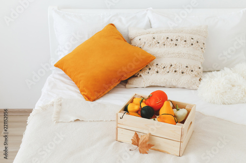 Home Decor Cozy Fall Bedroom Interior White Wall Bed With