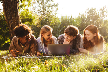 Poster - Group of satisfied multhiethnic students doing homework