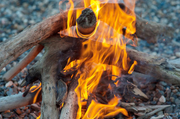 On small stones, a fire from a firewood burns beautifully!