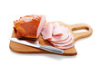 © Nelea Reazanteva - Delicious smoked sliced ham on a wooden board isolated on white.