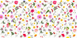 Flowers  flat lay. Seamless pattern from plants, wild flowers and  berries, isolated on white background, top view. 