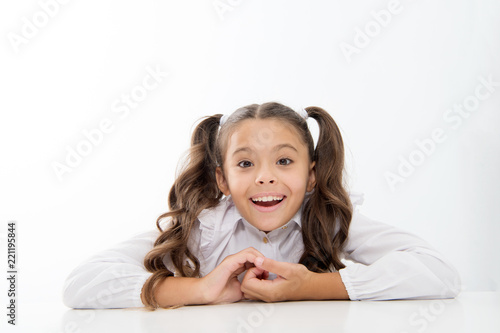 Excellent Pupil Lean On Desk Isolated White Perfect Schoolgirl