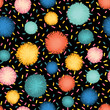 Decorative sprinkles and pom poms seamless repeat vector pattern. Teal, blue, yellow, and red party decor on black background. Great for birthday, card, invitation, packaging, paper, celebration, kids