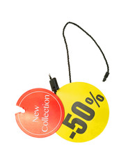 Special offer sale red tag. This is the concept of a price list for discounts, an advertising campaign, promotional marketing sales, a 50% discount, a unique offer