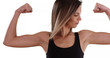 Athletic young woman flexing biceps on solid white background