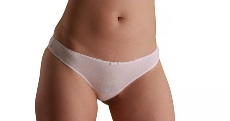 Close up of millennial woman wearing white underwear for copy space