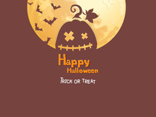 The Pumpkin Halloween Icon With Emotions Face Isolated On Color And Moon Background. Vector Cartoon Illustration.