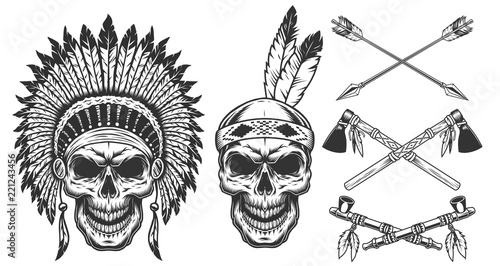 Set of skull in indian headwear