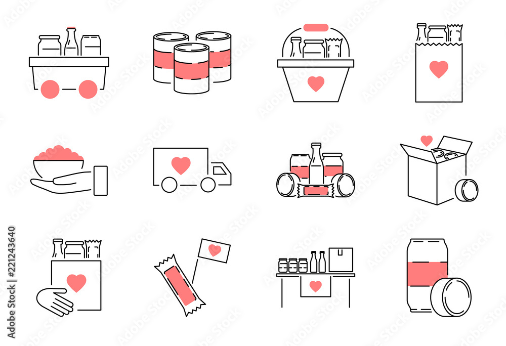 Food drive outline icon collection set. Charity meal vector illustration. - obrazy, fototapety, plakaty 