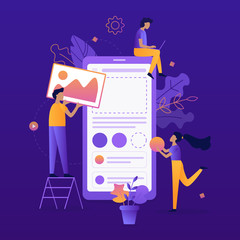 Wall Mural - team of developers construct mobile app. ui ux design. flat vector illustration.