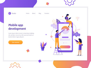 Wall Mural - the development team creates a mobile application. web banner design template. flat vector illustrat