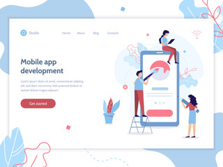 Wall Mural - team of developers construct mobile app. ui ux design. flat vector illustration.