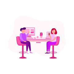 Wall Mural - discuss time illustration, sharing and collaboration with partner work