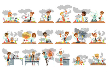 Sticker - Kid chemists characters posing in different situations looking dirty after failed chemical experiments set of vector Illustrations