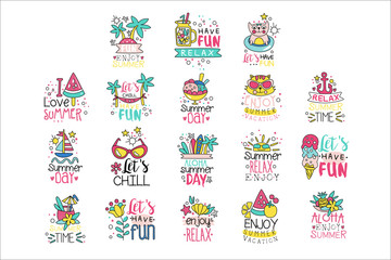 Wall Mural - Cute summer labels set, enjoy summer vacation hand drawn colorful vector Illustrations