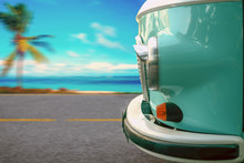 The Vintage Van Rides Along The Coastal Highway Along The Beach With Palm Trees. The Concept Of Vacation, Travel.