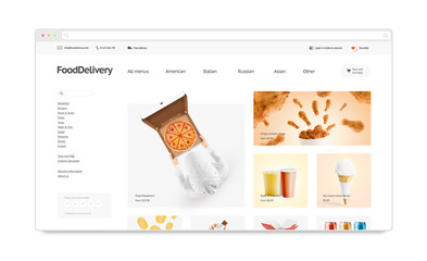 Wall Mural - Food delivery webstore site template mock up isolated, 3d illustration. Meal deliver web page interface mockup. Internet website template. Web store screen layout for computer display.