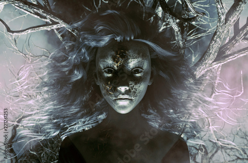 Cuadros en Lienzo Ghost woman in creepy forest,3d Mixed media for book illustration or book cover
