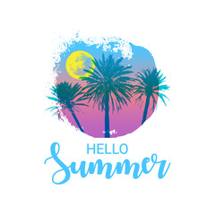 Wall Mural - Hello Summer message. Hand drawn palm trees with a circle shape