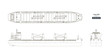 Outline drawing of cargo ship on a white background. Top, side and front view of tanker. Container boat blueprint