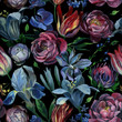 Seamless pattern of different flowers and leaves on black background