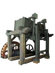 Ancient rusty old wooden water wheel driven machine isolated over white