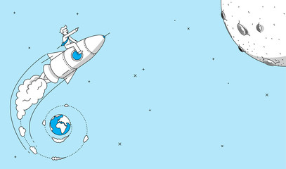 Wall Mural - Startup company rocket launch concept. Man flying on rocket to the moon. Modern illustration in linear style.