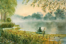 A Fisherman In A Boat On The Lake. Painting. Painting With Oil Paints
