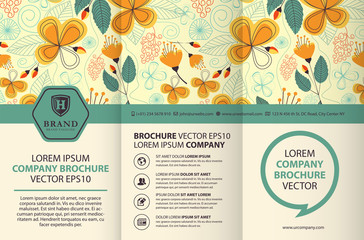 Trifold brochure design template with floral background