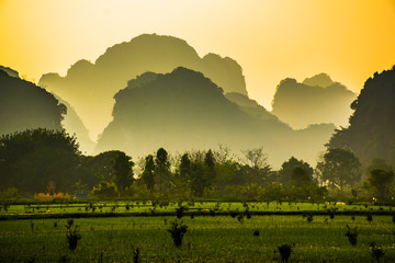 Beautiful lanscape with lake, river and stunning hills of the Trang An, Ninh Binh in Vietnam