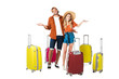 © LIGHTFIELD STUDIOS - smiling newlywed couple with arranged suitcases around isolated on white