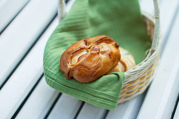 two patties of yeast dough lie in the basket