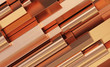 Copper rolled metal products. Stack of round, square, hexagonal copper rods. 3d illustration.