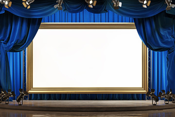 Wall Mural - a large picture frame on the theater stage with blue velvet curtains. space for text.