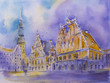 Watercolor painting House of the Blackheads in the old town of Riga Latvia Melngalvju nams, Schwarzh upterhaus St. Peter's Church and Ryga town hall cityscape drawing a UNESCO World Heritage Site