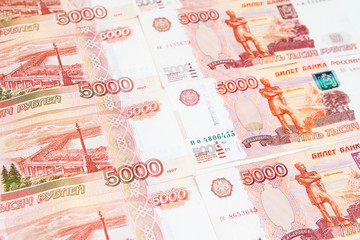 Many five thousandth banknotes. Russian rubles background