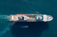 Tourist Ship In The Blue Sea, Aerial View