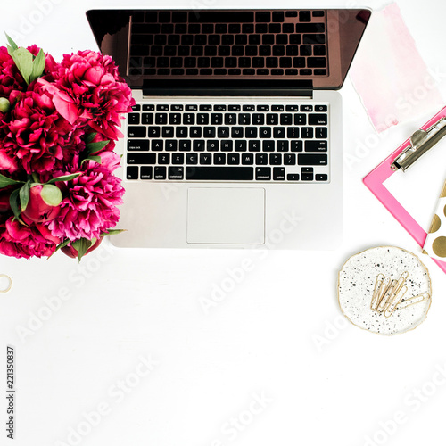 Home Office Desk Workspace With Laptop Pink Peonies Flowers