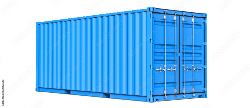 Blue cargo container shipping freight twenty feet. For logistics and see transportation. 3d Illustration, Isolated on white background. - obrazy, fototapety, plakaty 