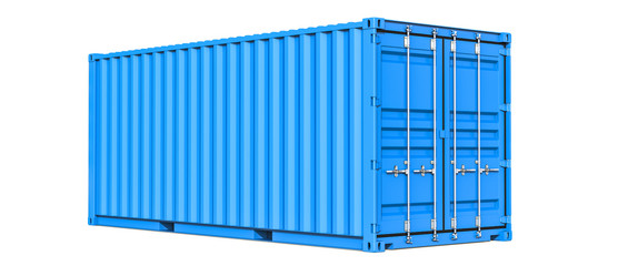 Blue cargo container shipping freight twenty feet. For logistics and see transportation. 3d Illustration, Isolated on white background.